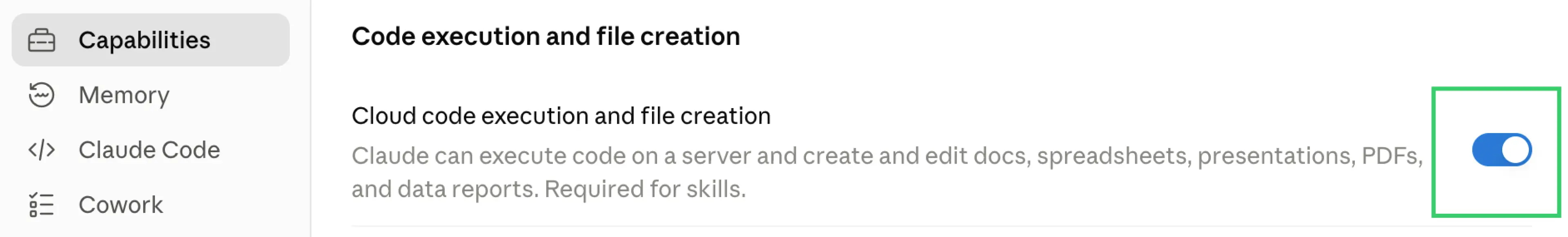 Claude Settings → Capabilities, with the "Cloud code execution and file creation" toggle turned on
