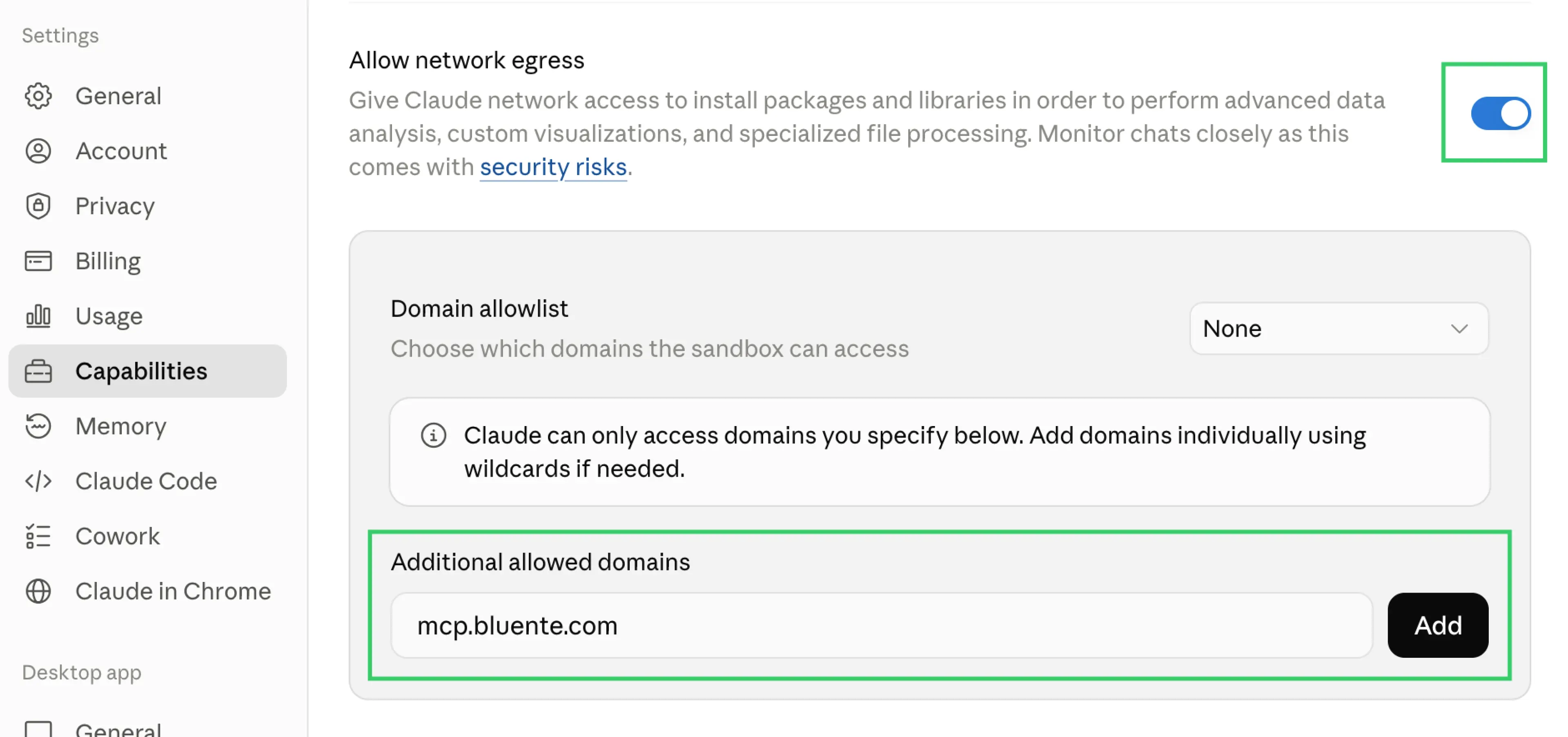 Claude Settings → Capabilities, with "Allow network egress" enabled and mcp.bluente.com entered under Additional allowed domains