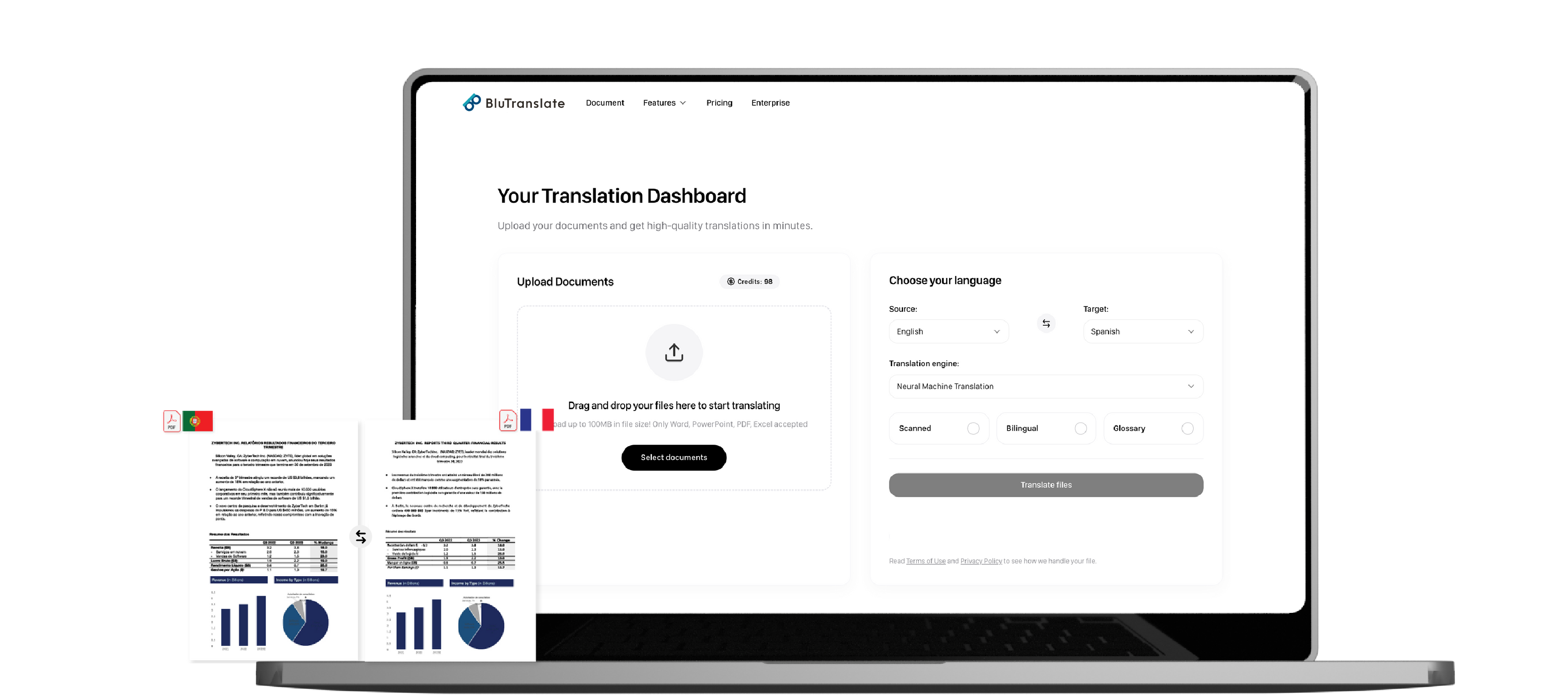 Excel translation dashboard showing spreadsheet upload and translation interface